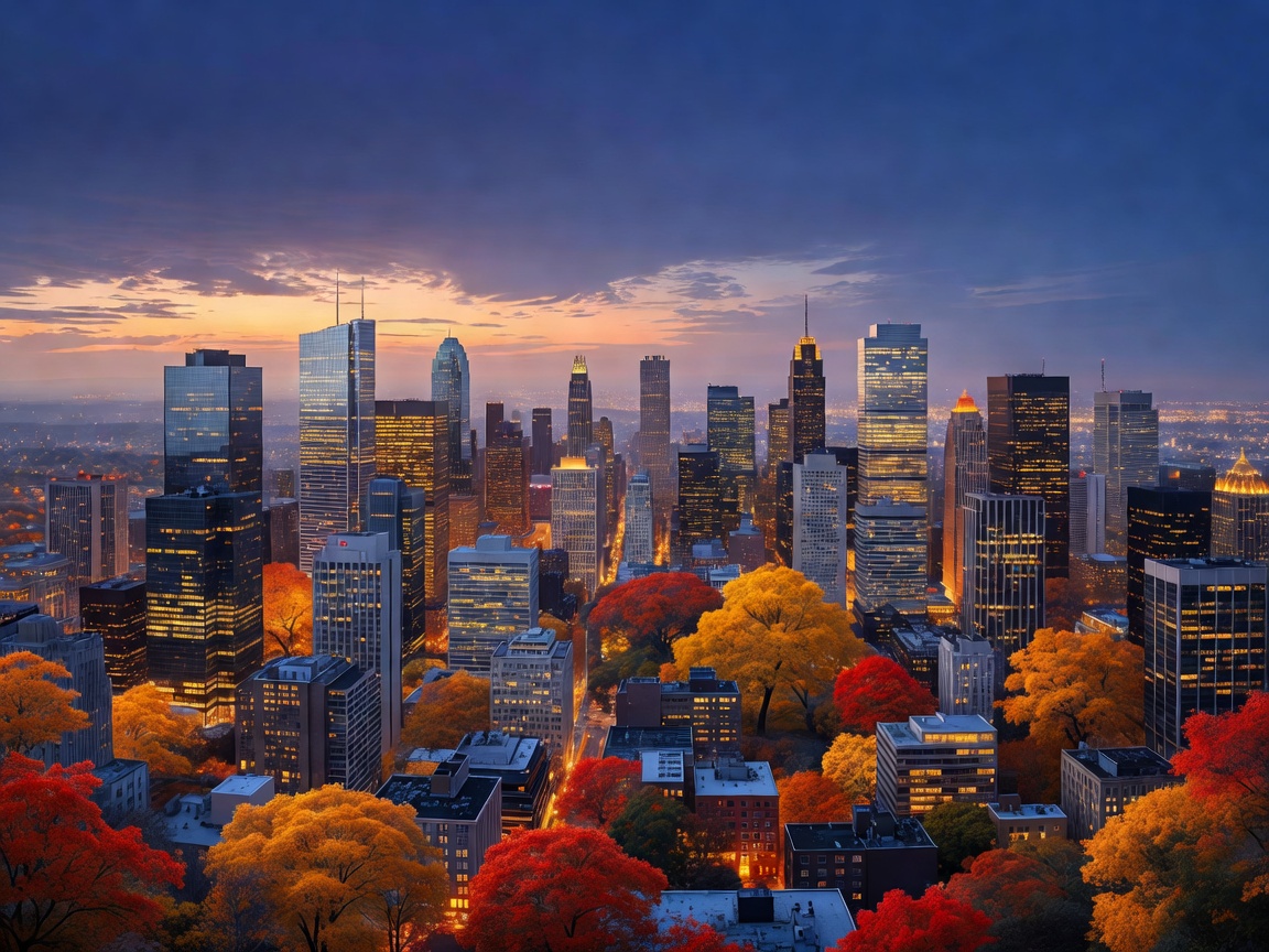 City skyline glowing in autumn