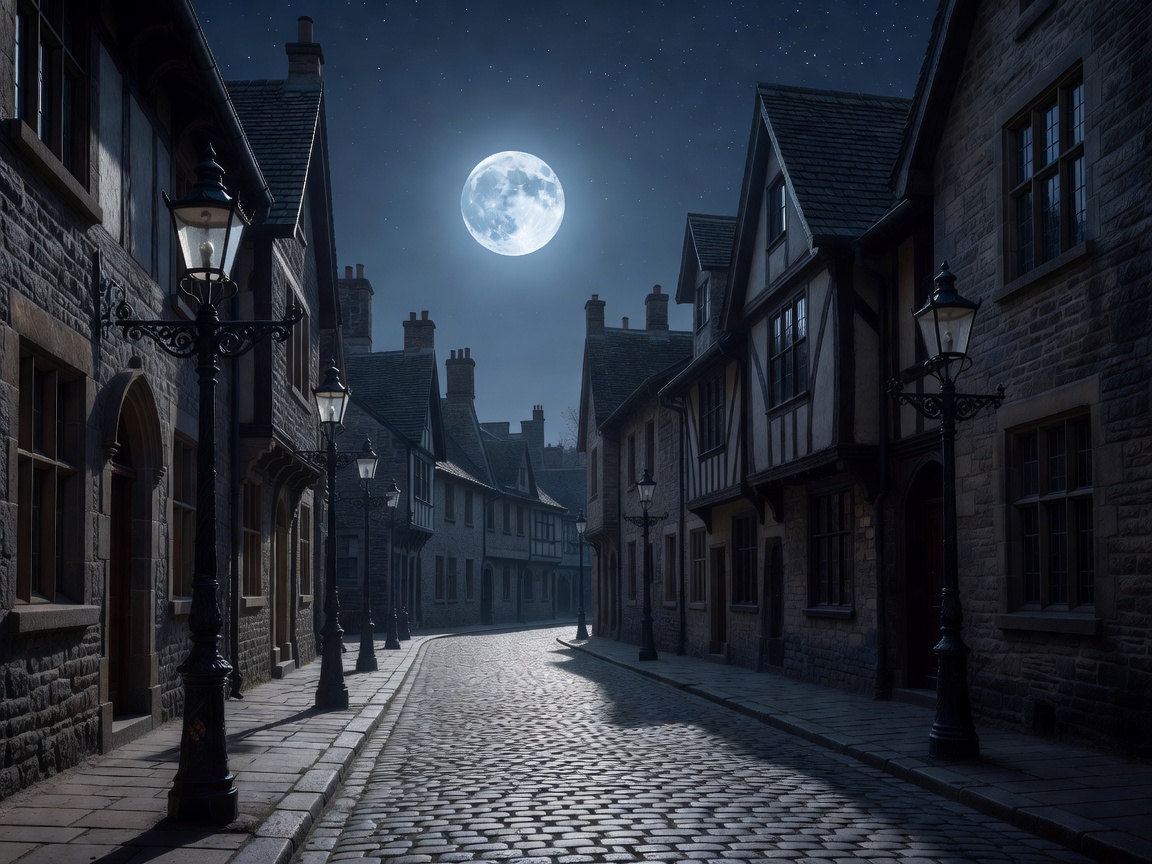 Historic street under a full moon